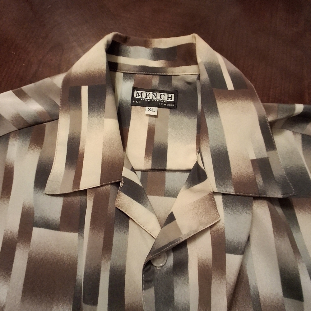 Mench Platinum Men XL Tan Windowpane Short Sleeve Polyester Button-down Shirt - Picture 8 of 13